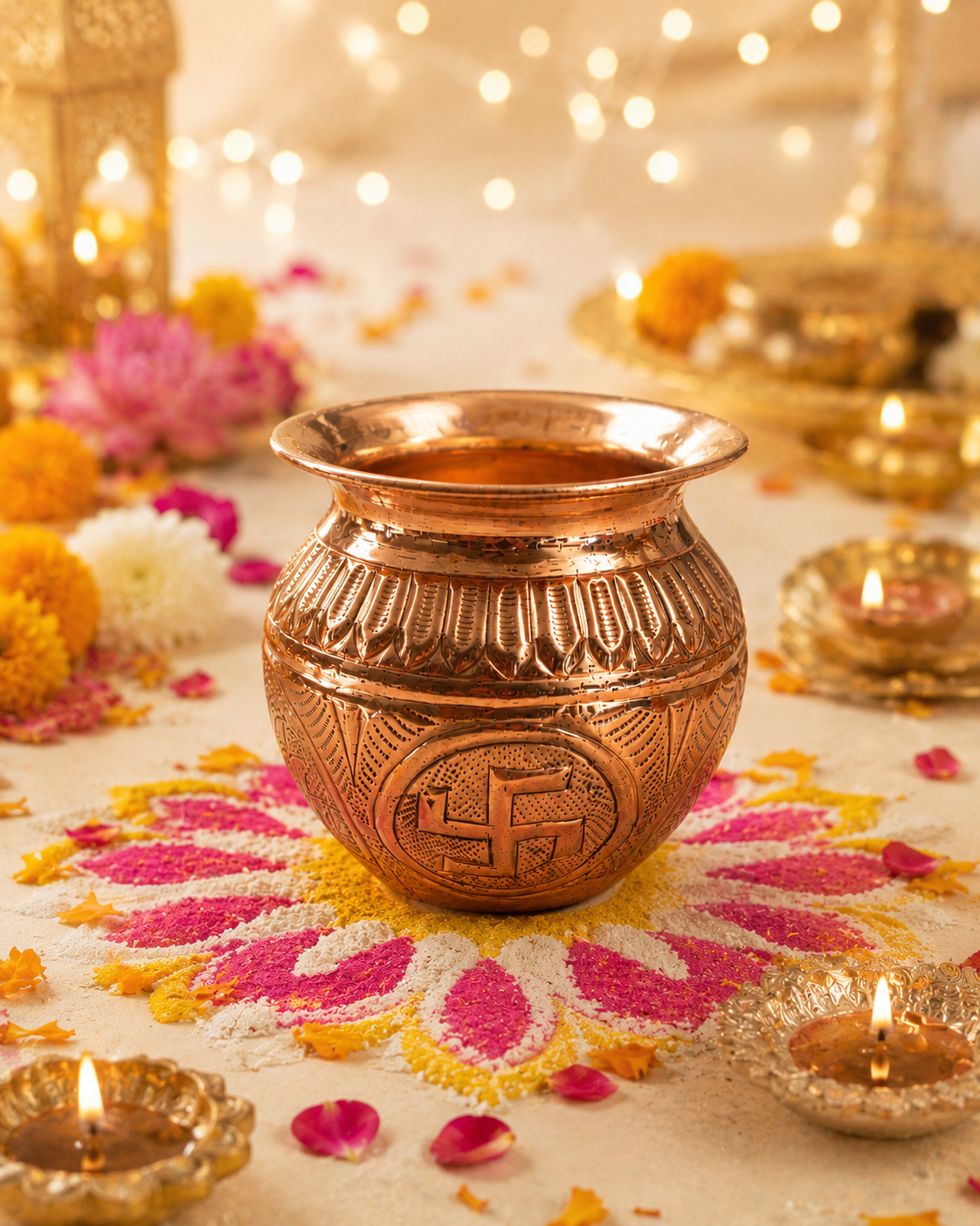 10(7) Engraved Copper Kalash with Swastik for Puja & Rituals - Image 1
