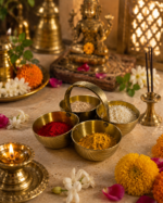 Brass Chokta Puja Samagri  Set for Haldi, Kumkum, Roli & Chawal - Image 10