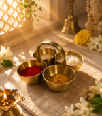 Brass Chokta Puja Samagri  Set for Haldi, Kumkum, Roli & Chawal - Image 12