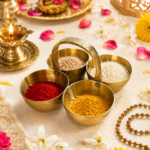 Brass Chokta Puja Samagri  Set for Haldi, Kumkum, Roli & Chawal