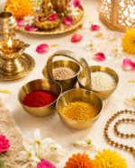 Brass Chokta Puja Samagri  Set for Haldi, Kumkum, Roli & Chawal