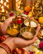 Brass Chokta Puja Samagri  Set for Haldi, Kumkum, Roli & Chawal - Image 2