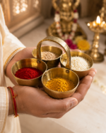 Brass Chokta Puja Samagri  Set for Haldi, Kumkum, Roli & Chawal - Image 3