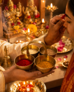 Brass Chokta Puja Samagri  Set for Haldi, Kumkum, Roli & Chawal - Image 4