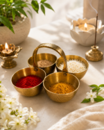 Brass Chokta Puja Samagri  Set for Haldi, Kumkum, Roli & Chawal - Image 5