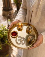 Brass Puja Thali Set with Om, Diya, Roli Chawal & Incense Holder - Image 2