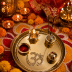 Brass Puja Thali Set with Om, Diya, Roli Chawal & Incense Holder