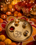 Brass Puja Thali Set with Om, Diya, Roli Chawal & Incense Holder