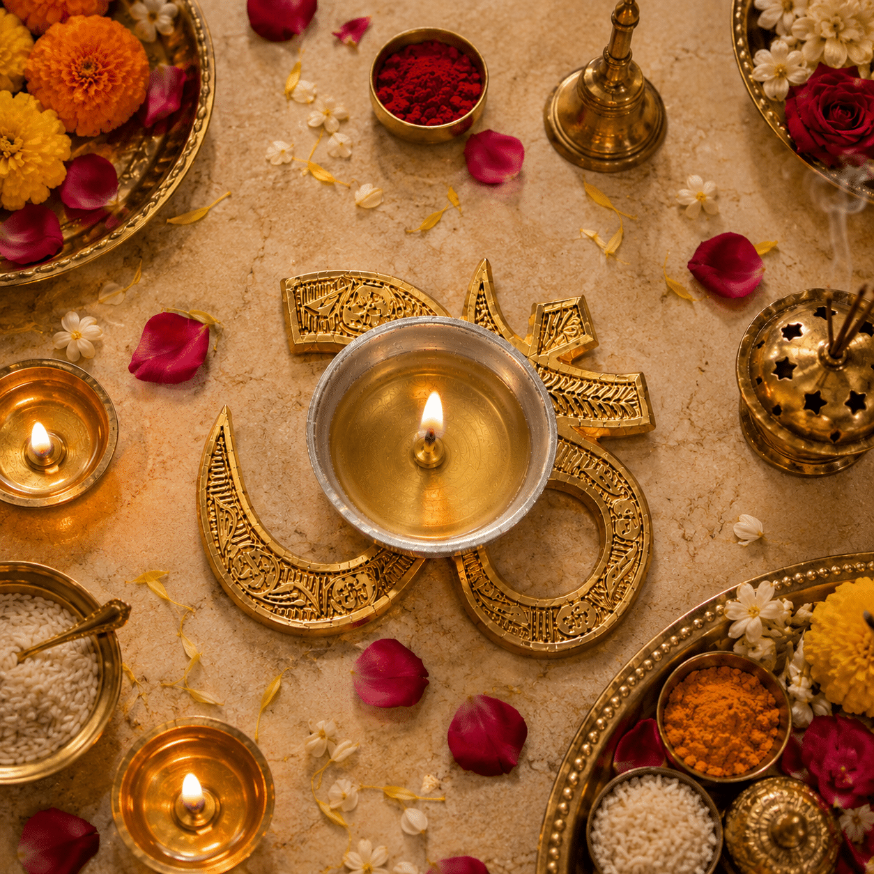 13492(9) Premium Om Brass Diya with Silver Oil Bowl - Image 1