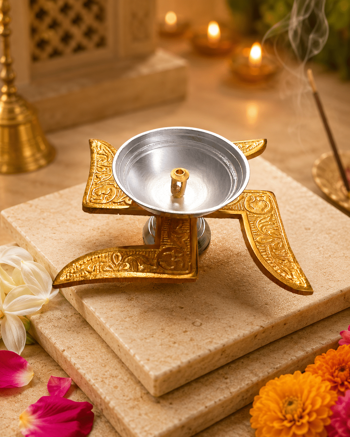 13961 Premium Swastik Brass Diya with Silver Oil Bowl - Image 1