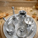 Silver Engraved Complete Pooja Thali Set with Bell, Kalash, Diya, Bowl and Spoon