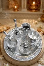 Silver Engraved Complete Pooja Thali Set with Bell, Kalash, Diya, Bowl and Spoon