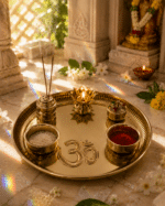 Brass Om Pooja Thali Set with Diya,Agarbatti Holder, Roli Chawal Bowls and Container - Image 3