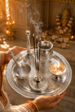 Silver Engraved Complete Pooja Thali Set with Bell, Kalash, Diya, Bowl and Spoon - Image 2