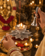 Lotus Diya with Matching Leaf Handle Bell - Image 6