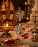 Silver Peacock Rudraksha Pooja Bell with Engraved Base - Image 2