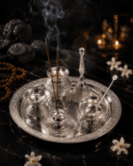 Silver Engraved Complete Pooja Thali Set with Diya, Bell, Kalash, Incense Holder and Spoon Bowl - Image 2