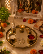 Brass Om Pooja Thali Set with Diya,Agarbatti Holder, Roli Chawal Bowls and Container - Image 5