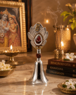 Peacock Gemstone Rudraksha Pooja Bell with Red Stone and Pearl Detailing