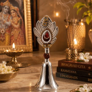Peacock Gemstone Rudraksha Pooja Bell with Red Stone and Pearl Detailing