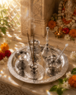 Silver Engraved Complete Pooja Thali Set with Diya, Bell, Kalash, Incense Holder and Spoon Bowl - Image 5