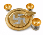 Gold Silver Swastik Pooja Thali Set with Diya, Bowls and Feather Spoon - Image 6