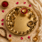Large Golden Floral Brass Pooja Thali Set with Diya, Kalash, Bell, Bowl and Spoon