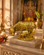 Brass Kamdhenu Cow with Calf and Decorative Blanket Design - Image 3
