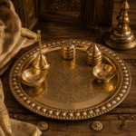 Brass Engraved Pooja Thali Set with Bell, Bowls, Incense sticks Holder and Container - Image 3