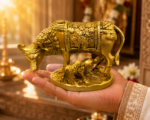 Brass Kamdhenu Cow with Calf and Decorative Blanket Design - Image 2
