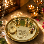 Brass Om Aarti Thali Set with Diya, Incense Holder and Containers