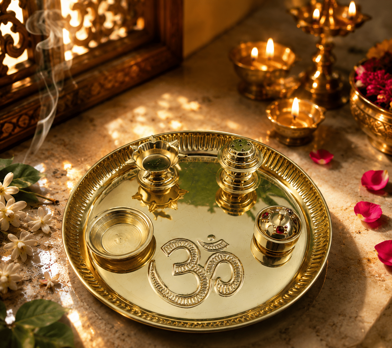 file_0000000044c0720895fd907b1b13524c Brass Om Aarti Thali Set with Diya, Incense Holder and Containers - Image 1