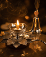 Lotus Diya with Matching Leaf Handle Bell - Image 4