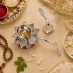 Lotus Diya with Matching Leaf Handle Bell - Image 8