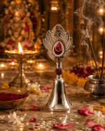 Peacock Gemstone Rudraksha Pooja Bell with Red Stone and Pearl Detailing - Image 5