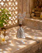 Silver Peacock Rudraksha Pooja Bell with Engraved Base - Image 3