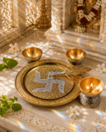 Gold Silver Swastik Pooja Thali Set with Diya, Bowls and Feather Spoon