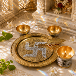 Gold Silver Swastik Pooja Thali Set with Diya, Bowls and Feather Spoon