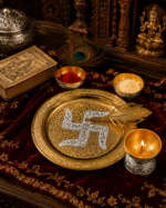 Gold Silver Swastik Pooja Thali Set with Diya, Bowls and Feather Spoon - Image 4