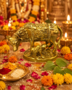 Brass Kamdhenu Cow with Calf and Decorative Blanket Design - Image 4