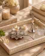 Lotus Diya with Matching Leaf Handle Bell - Image 5