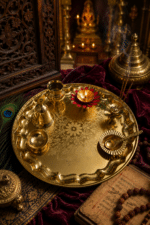Large Golden Floral Brass Pooja Thali Set with Diya, Kalash, Bell, Bowl and Spoon - Image 2