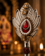 Peacock Gemstone Rudraksha Pooja Bell with Red Stone and Pearl Detailing - Image 3