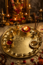 Large Golden Floral Brass Pooja Thali Set with Diya, Kalash, Bell, Bowl and Spoon - Image 3