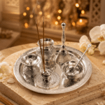 Silver Engraved Complete Pooja Thali Set with Diya, Bell, Kalash, Incense Holder and Spoon Bowl