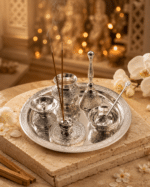 Silver Engraved Complete Pooja Thali Set with Diya, Bell, Kalash, Incense Holder and Spoon Bowl