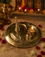 Brass Oval Om Pooja Thali with Bell, Diya and Incense Holder - Image 2