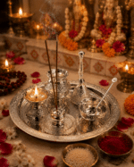 Silver Engraved Complete Pooja Thali Set with Diya, Bell, Kalash, Incense Holder and Spoon Bowl - Image 3