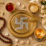 Gold Silver Swastik Pooja Thali Set with Diya, Bowls and Feather Spoon - Image 3