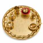 Large Golden Floral Brass Pooja Thali Set with Diya, Kalash, Bell, Bowl and Spoon - Image 4